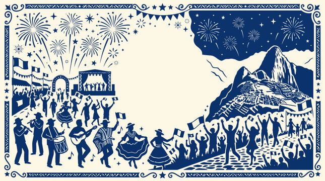 Peruvian Independence Day celebration illustration with festive crowd and Machu Picchu landmark.