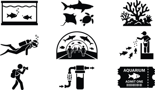 Aquarium Icon Set: Fish, Shark, Diver, Turtle, Coral, Ticket, Filter