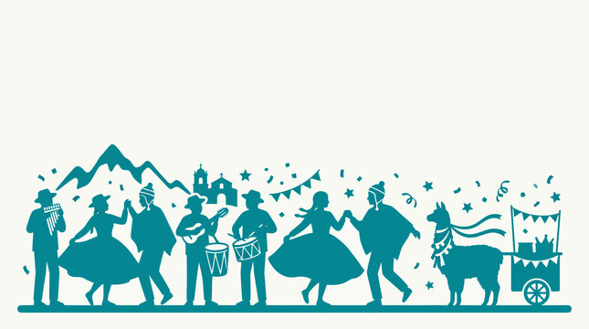 Peruvian traditional festival silhouette illustration with musicians and dancers.