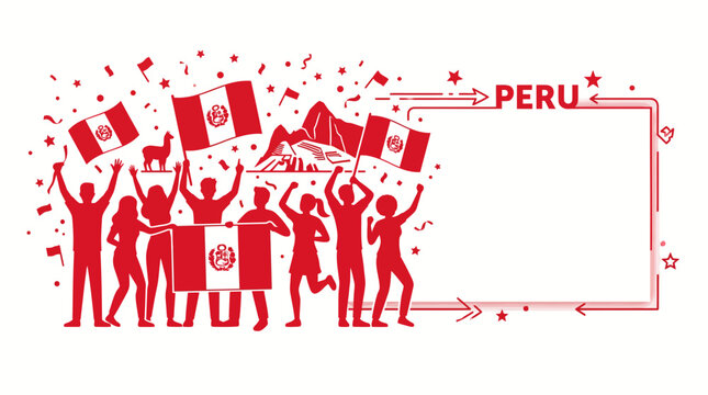 Peruvian people cheering and celebrating with flags and icons.