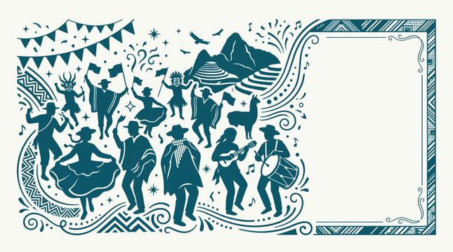 Peruvian traditional folk festival illustration with dancers musicians and mountain scenery.