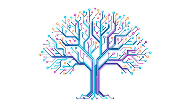 Digital tree concept, abstract circuit board design, technology and nature fusion, futuristic data structure
