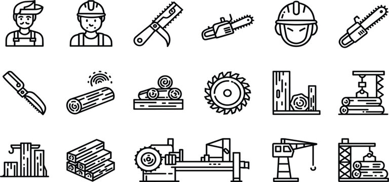 Lumberjack and Forestry Industry Icon Set Featuring Woodcutters Chainsaws Sawmill Machinery and Timber Logs for Woodworking Logging and Construction Sector Graphic Designs