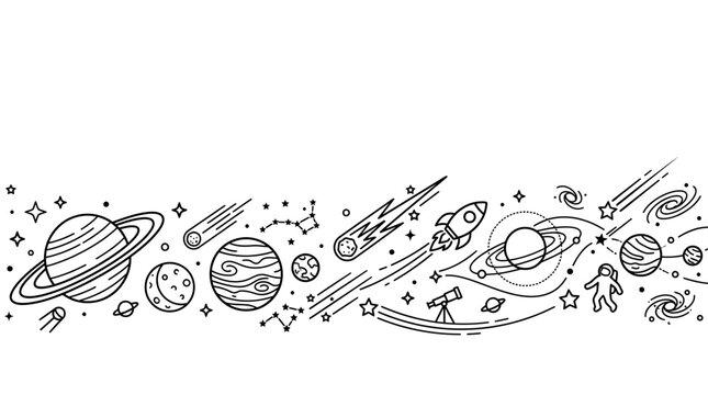 Seamless hand drawn space pattern with planets rockets and stars.
