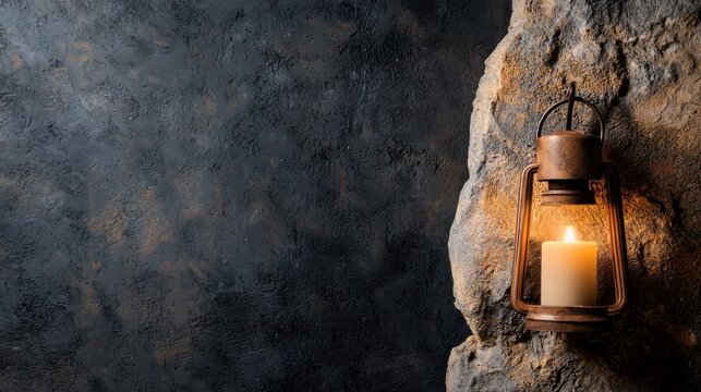 Vintage lantern with lit candle hanging on a rough stone wall.