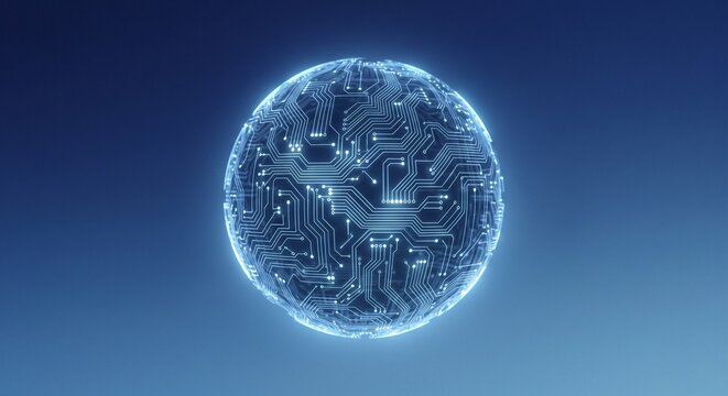 Abstract glowing digital sphere covered in electronic circuit boards and data microchips on a bright background.
