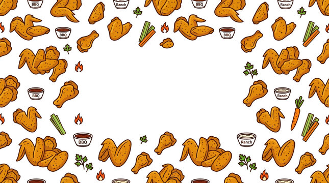 Seamless pattern frame of hand drawn chicken wings with celery and dip.