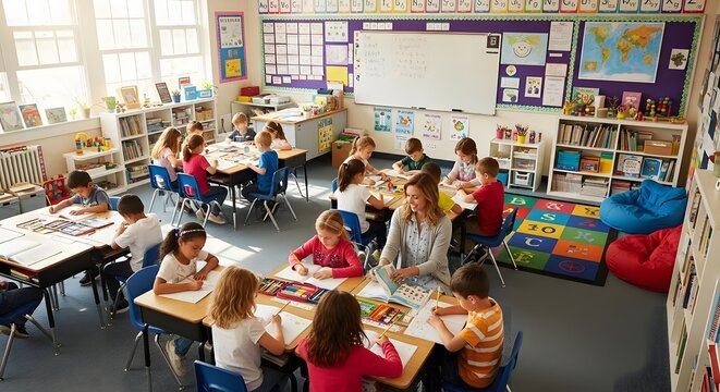 a classroom full of children sitting at tables.