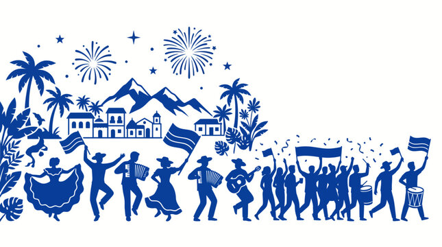 Silhouette illustration of a lively Caribbean carnival parade celebration.