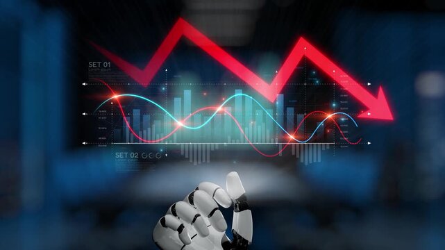 A robotic hand analyzes stock market trends represented by dynamic graphs, emphasizing fluctuations and indicators in a high-tech digital environment. Synapse