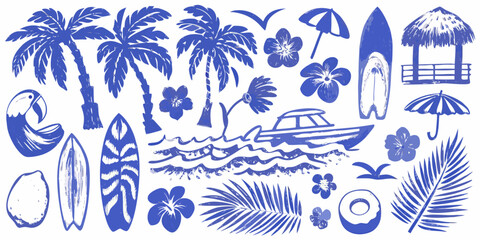 Obraz premium Tropical Beach Illustration Featuring Palm Trees Surfboards And Floral Elements