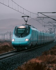 Fototapeta premium Modern High-Speed Train on Rural Track in Cloudy Landscape