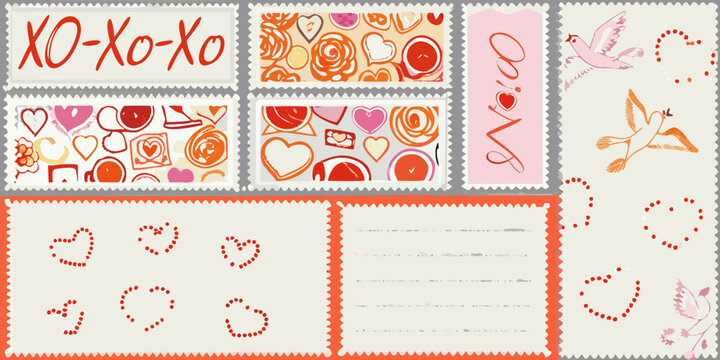 Floral and heart pattern postage stamps vector illustration