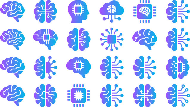 Abstract brains and technology symbols in gradient blue and purple hues forming a digital pattern.