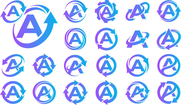 Abstract circular logos with letter A and rotating arrows in blue purple gradient on transparent background.