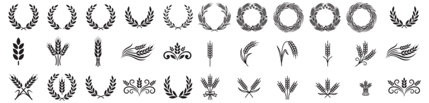 Collection of laurel wreaths and wheat icons for design projects on transparent background