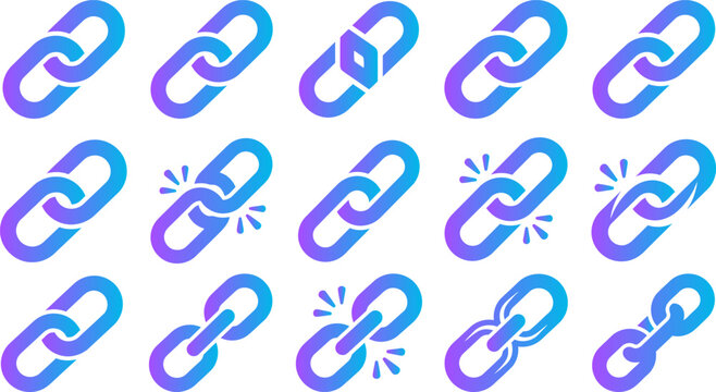Blue and purple gradient broken and connected chain links isolated on transparent background.