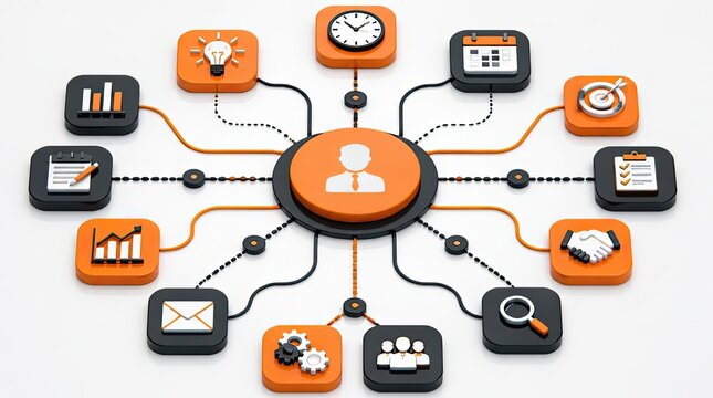 High contrast vector render of a mind map organizing abstract business concepts. This widescreen cgi graphic shows a central management hub connecting various corporate and professional workflows.