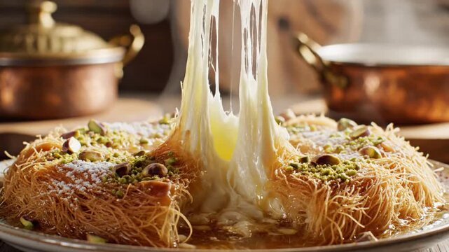 Delicious Arabic dessert knafeh being served with a golden spoon showcasing melted cheese in close up shot