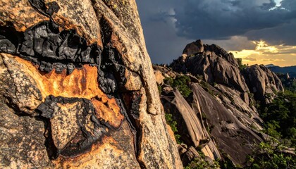 Obraz premium Dramatic Mountainous Landscape with Charred Granite Rocks Under Stormy Sunset Sky