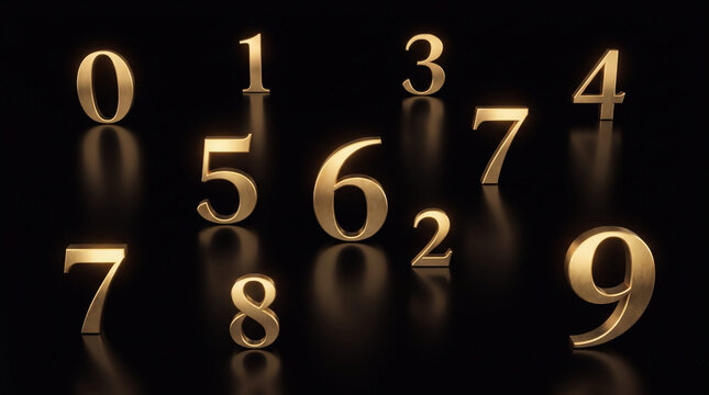 Golden number scattered in black space glowing metallic typography