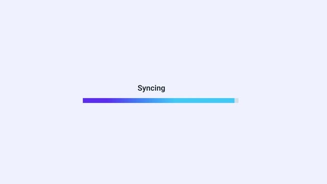 Animated syncing progress bar with gradient loading indicator and synchronization status text. Clean flat motion graphic for data synchronization, cloud updates, backup processes, and digital workflow