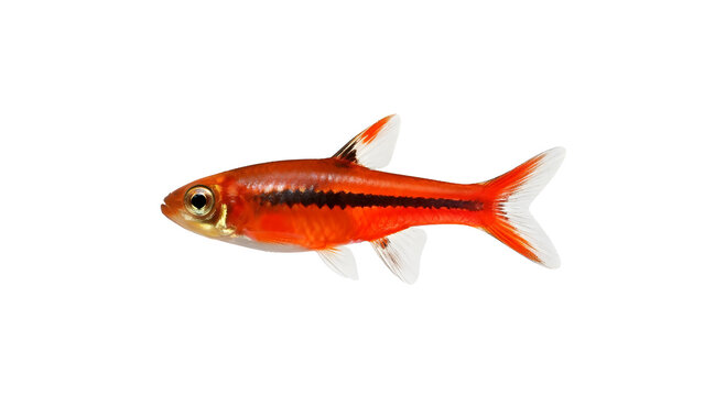 A vibrant red ember tetra fish isolated on a clean white background.