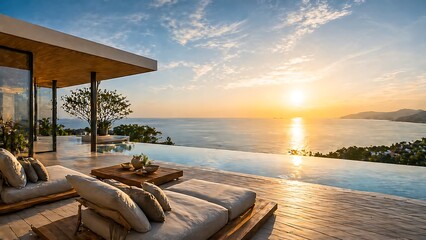 Obraz premium Luxury outdoor living space with infinity pool overlooking ocean at sunset modern house with wooden deck and furniture