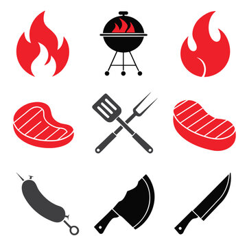 Barbecue set featuring red flames, grilled steaks, cooking utensils, sausage, and kitchen knives
