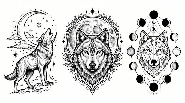 Wolf and Moon Tattoo Flash Sheet &ndash; Vector Line Art Stencil Set with Three Composition Variations