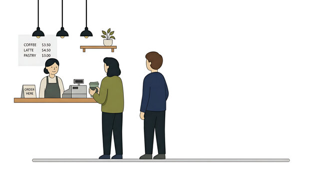 People waiting in line at a coffee shop counter to order drinks and pastries