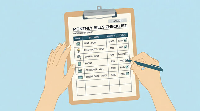 Top view of a person holding a clipboard with a monthly bills checklist, marking off paid expenses with a pen