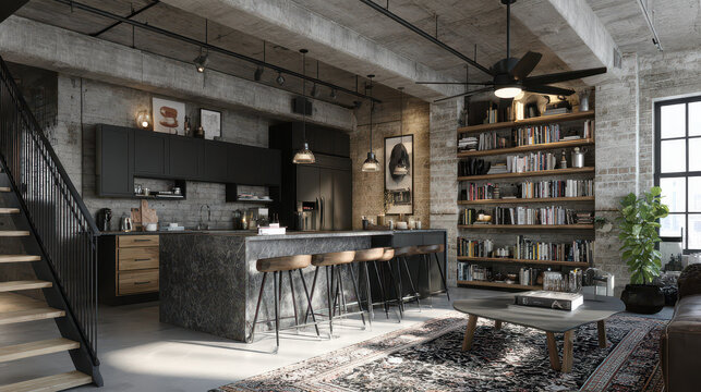 Industrial Loft Living Space: An open-concept loft featuring exposed brick, concrete walls, a modern kitchen island, and a well-stocked bookshelf, embodies the epitome of urban industrial design.