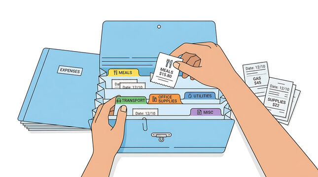 Person organizing receipts into a blue accordion folder for expense tracking