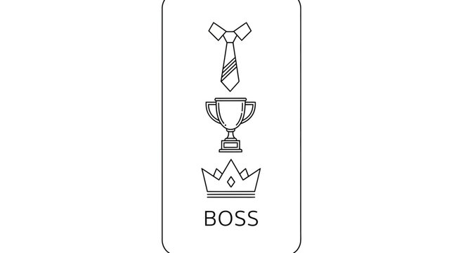 Minimalist line art illustration featuring a necktie trophy and crown with the word boss.