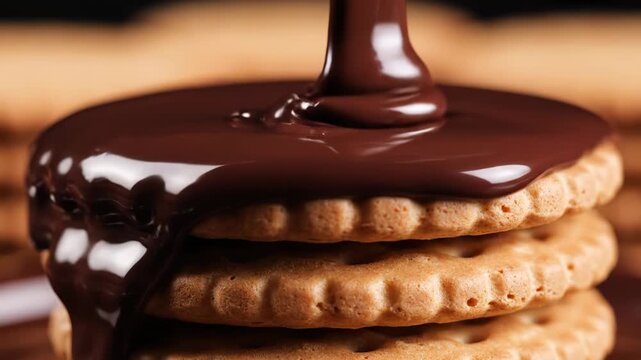 Macro shot of thick melted dark chocolate pouring onto a stack of round wheat biscuits with scalloped edges, showing smooth glossy texture against crunchy golden brown cookies.