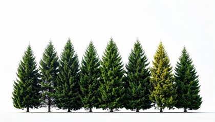 Fototapeta premium Row Of Green Pine Trees With One Distinct Yellow Conifer Standing Out On White Background Concept Of Individuality