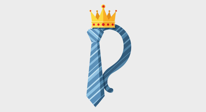A blue striped necktie shaped like the letter P wearing a golden crown.
