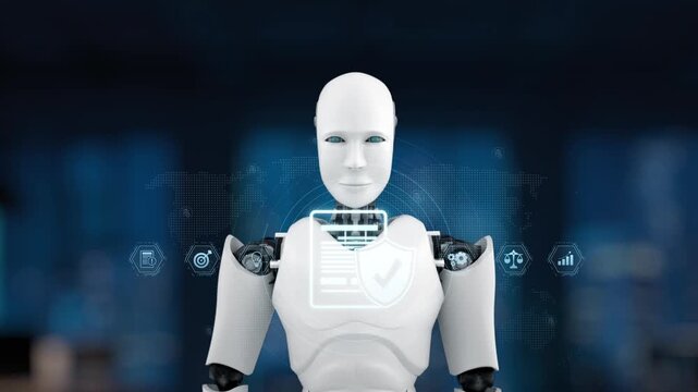 A friendly robot greets users with an engaging wave while showcasing a digital interface that emphasizes themes of technology and security in the modern age. Synapse