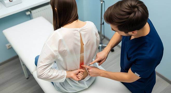 High Angle View of a Doctor Pointing to a Patient's Lower Back Pain During a Medical Examination in a Clinic