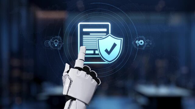 A robotic hand points to a document featuring a security shield, symbolizing data protection and compliance in an advanced digital workspace. Synapse