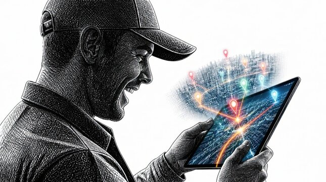 Logistics driver silhouette with a precise cross hatching design featuring a digital tablet map interface and glowing navigation pins for a modern courier service illustration, widescreen composition.