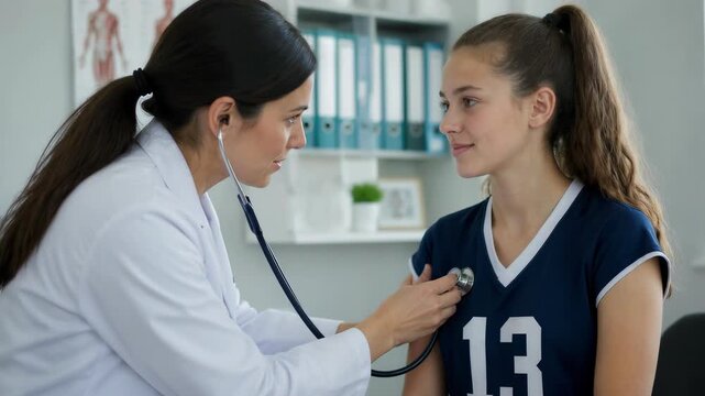 Professional female doctor in a white coat uses a stethoscope to examine a young athlete in a clinic, representing a focused medical checkup for a sports player.
