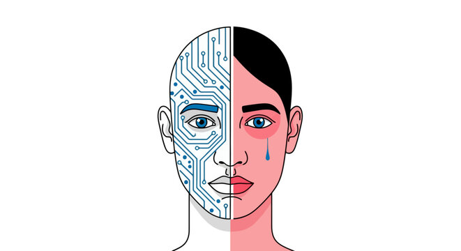 Conceptual artwork depicting a human face split between organic and technological elements symbolizing the integration of artificial intelligence and human emotion in the digital age