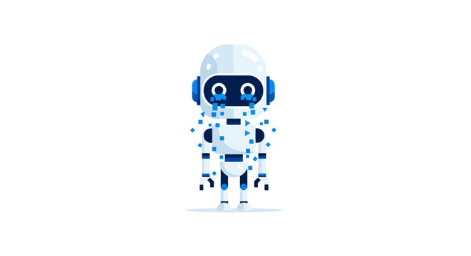 Small futuristic robot character experiencing technical difficulties dissolving into small digital particles conveying a sense of artificial intelligence sadness or system failure in a