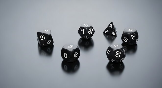 Set of various black polyhedral dice scattered on a reflective dark surface