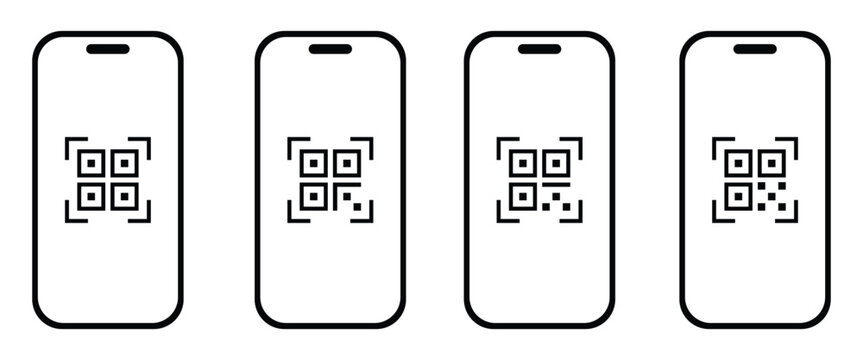 Four minimalist outline smartphone icons displaying different QR codes for modern digital scanning technology applications