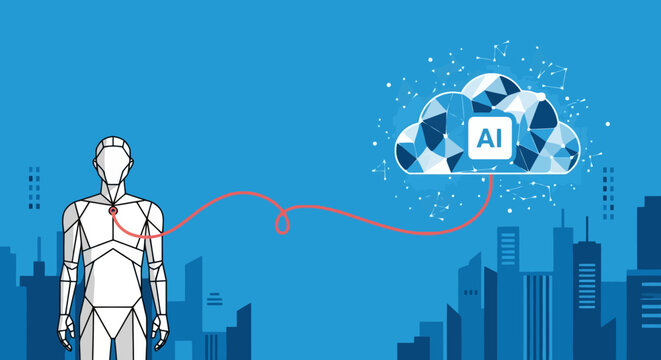 Futuristic humanoid robot connecting to intelligent cloud network with artificial intelligence symbol showcasing advanced technology and urban cityscape development for future innovation