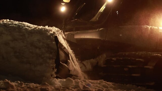 Snow Removal Scene. Front Loader Lifts Compacted Snow Under Illuminating Work Lights And Markers