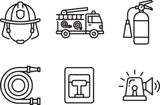 Firefighter Equipment And Rescue Tool Icons For Emergency And Safety Services
